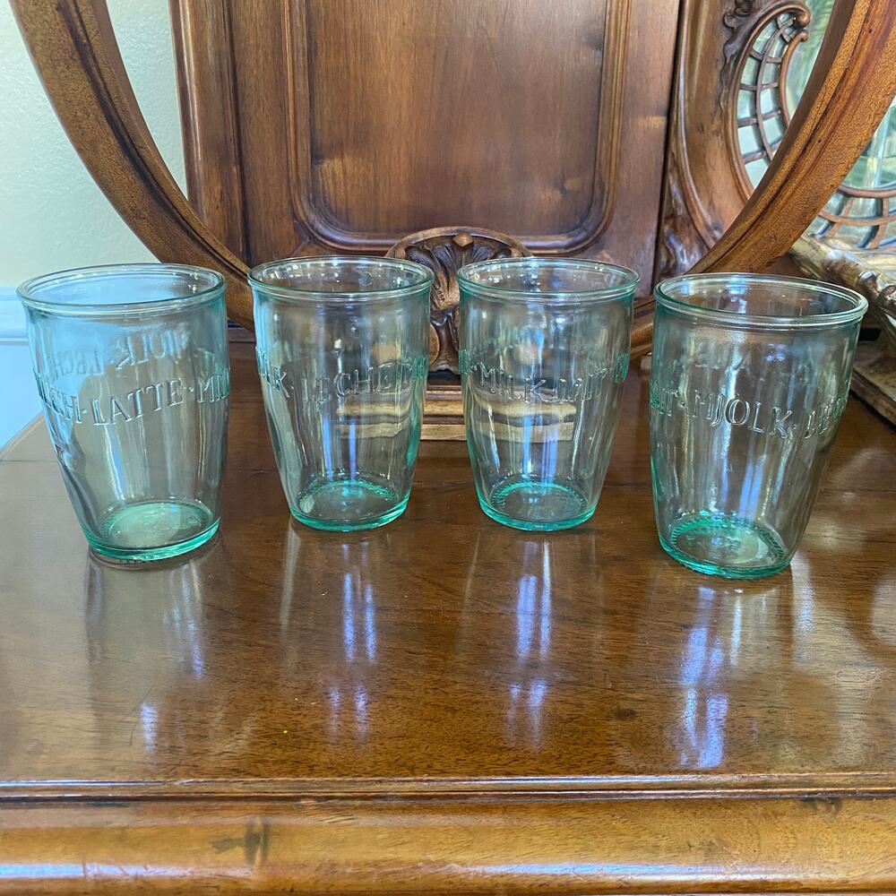 Antique Set of 4 Italy Glass Tumblers say Milk in Varying European Languages